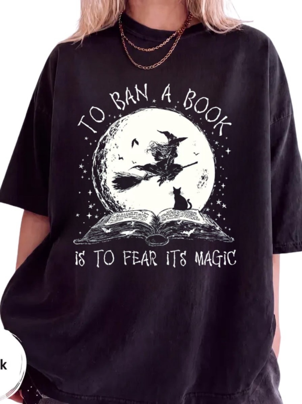 Black Short Sleeve Tee with White Witch & Moon Graphic